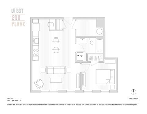 Floor plan for 1 bed, 1 bath, 714 sqft